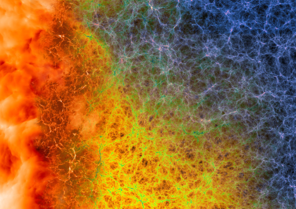Image showing an artist’s composite of images from Nyx-generated cosmic web simulations, showing dense filaments of matter surrounded by vast voids representing a span of hundreds of millions of light years.